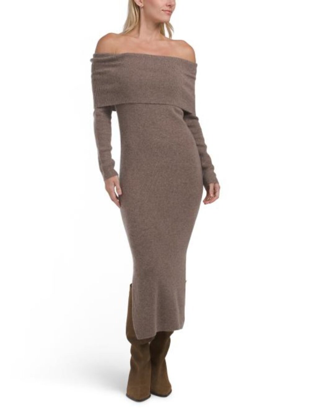 ELIE TAHARI Cashmere Long Sleeve Off Shoulder Rib Midi Dress With Slit